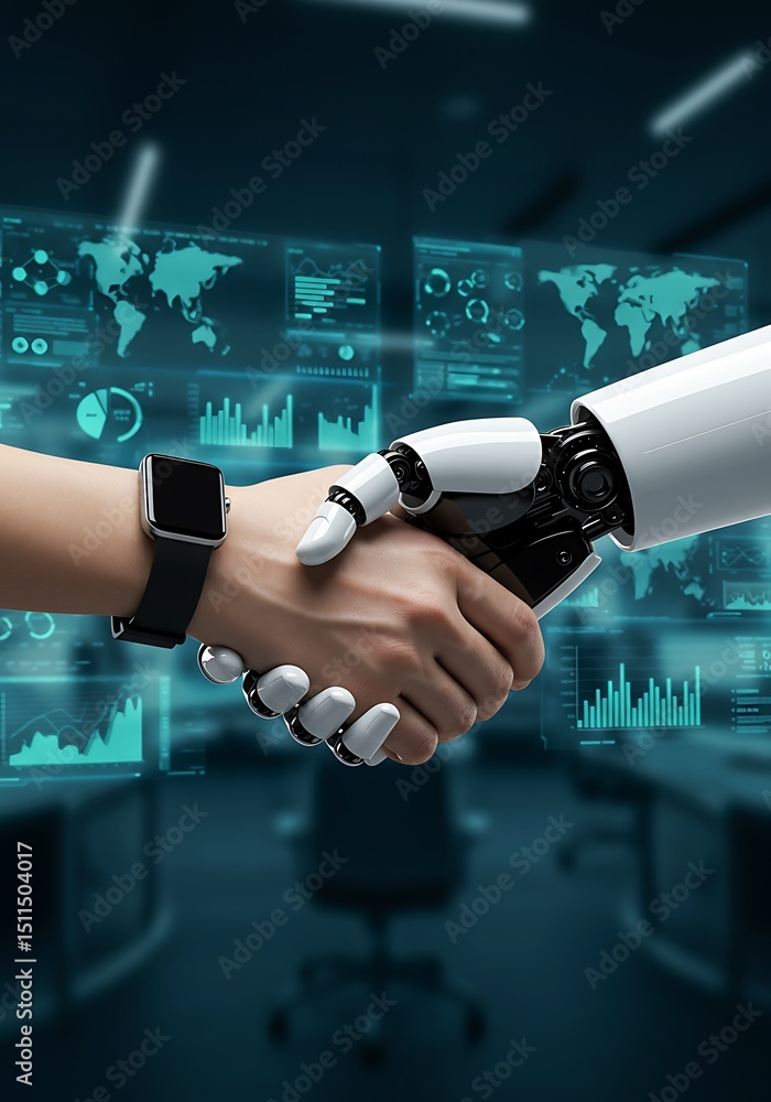 Poster human and robot handshake representing ai partnership technology and data analysis