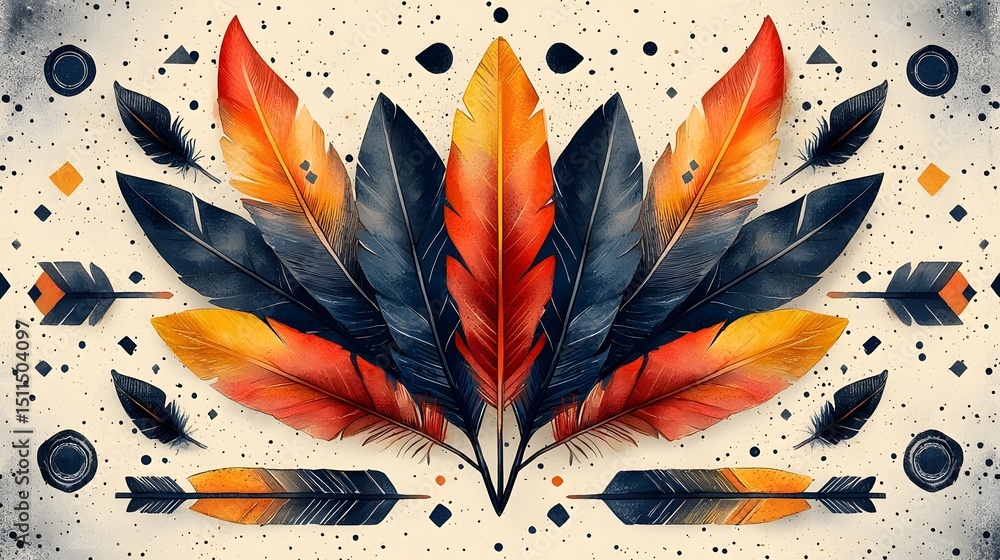 Poster vibrant tribal pattern with overlapping feathers and arrows