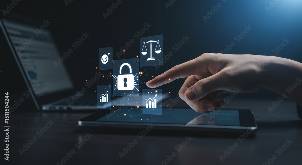 Poster hand touching digital padlock representing data protection and cyber security on a tablet screen