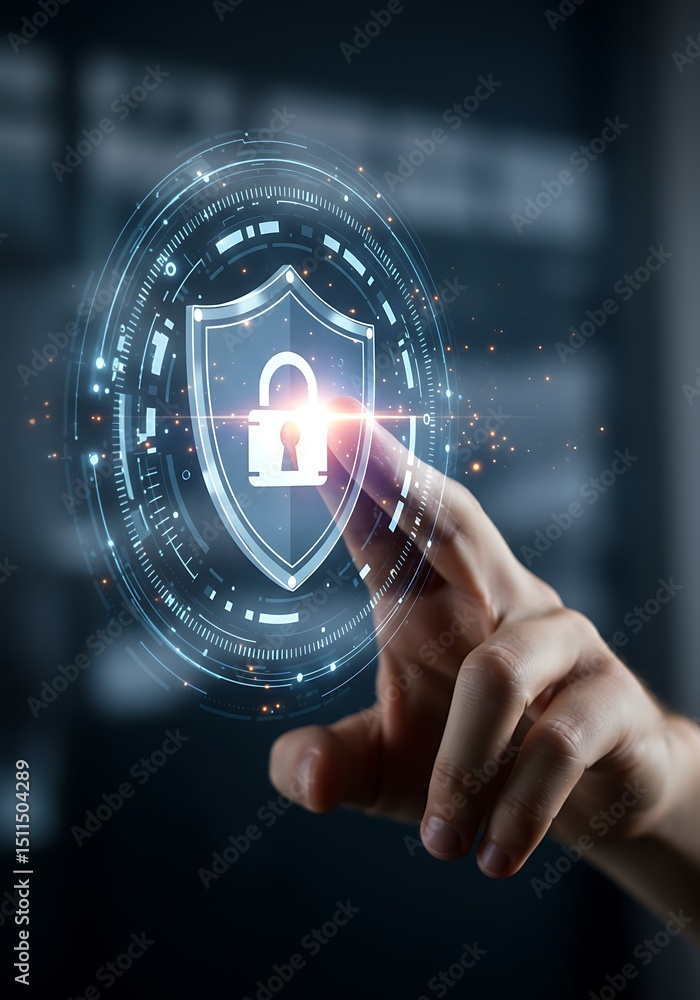 Aufkleber hand touching digital shield symbol representing cybersecurity and data protection concepts