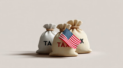 Tax-related burlap sacks with American flag symbolizing financial themes and awareness in modern economy