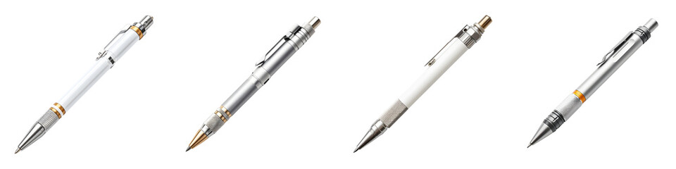 Naklejka premium Stylish metal pens in diverse designs with sleek finishes, showcasing elegance, functionality, and modern aesthetics for office use and stationery collections