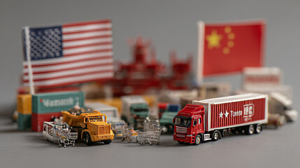 Miniature models showcasing international trade with flags and shipping containers in a detailed display