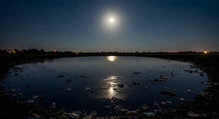 Fototapeta premium Luminous Reflection Of Moonlit Night Sky On Polluted Pond Landscape