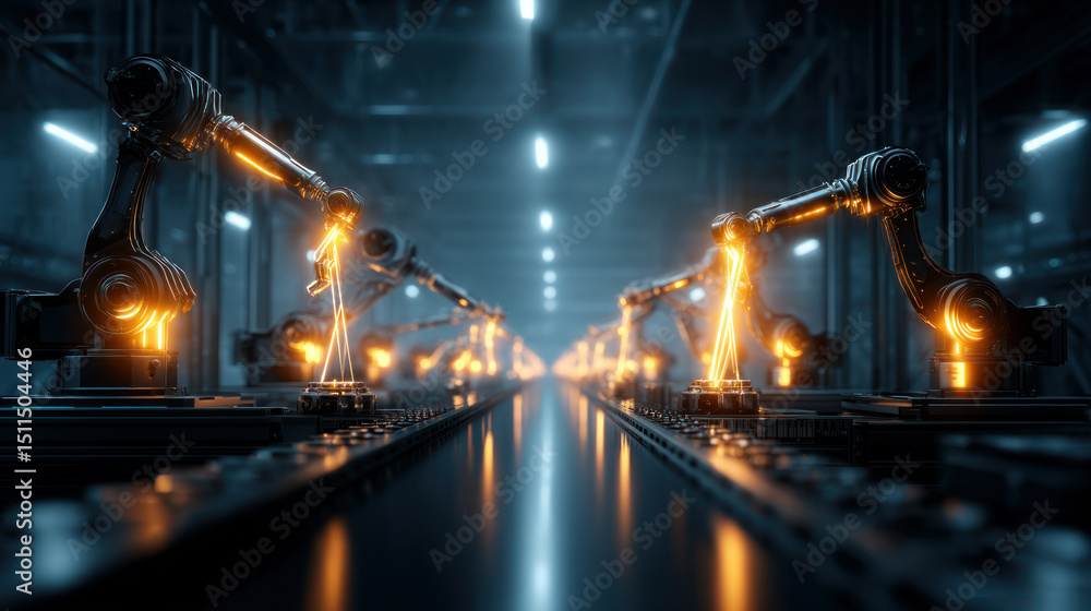 Aufkleber robotic assembly line with multiple robots working in harmony, glowing lights and industrial feel. a