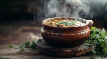 A traditional clay pot filled with steaming hot curry, placed on a rustic wooden surface with fresh herbs.