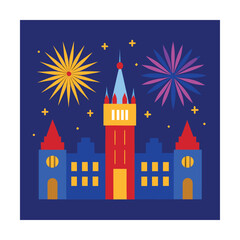 Vector illustration of a colorful city skyline celebrating with fireworks during a festive occasion