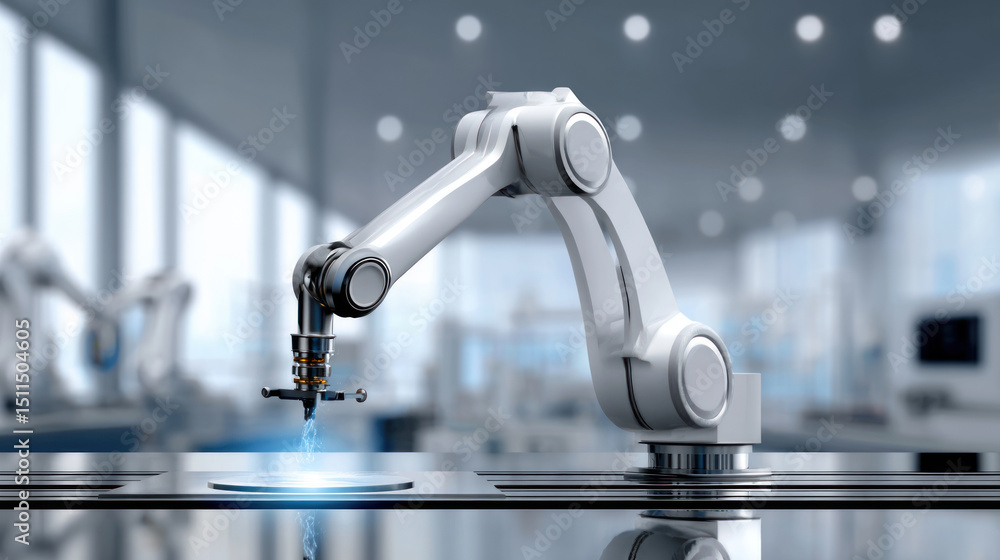 Poster robotic arm performing precise work in an industrial setting with high detail and clean lines. artif