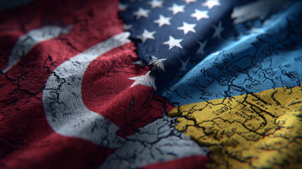 Flags of Turkey, the United States, and Ukraine in a close-up view showcasing cultural connections and geopolitical significance