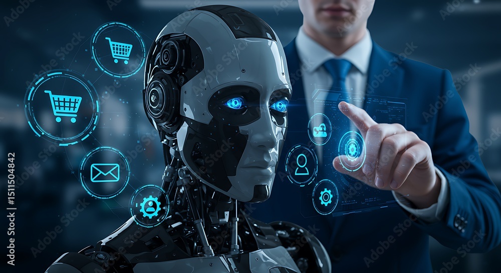 Aufkleber futuristic business concept with a robot and a person interacting with digital interfaces