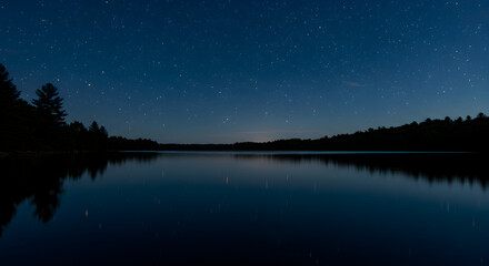 Starlit Night Over Tranquil Lake Reflecting Celestial Radiance Scenery
