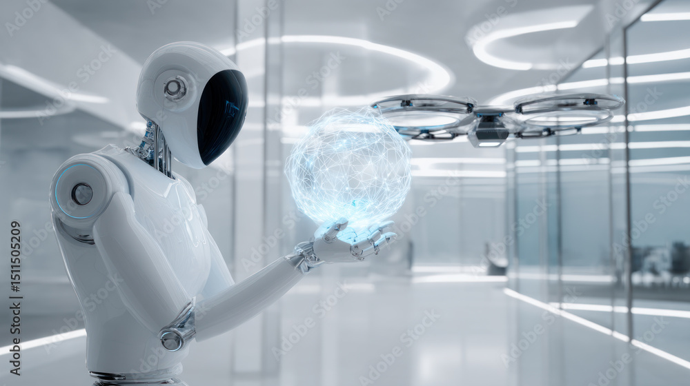 Aufkleber robot interacting with an advanced drone, set in a clean, minimalist tech environment. artificial in