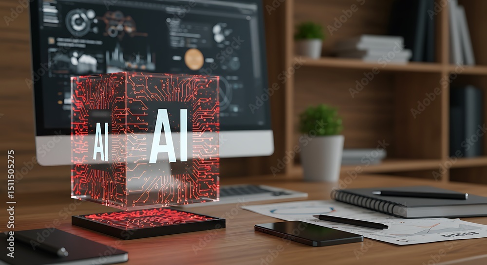 Poster futuristic artificial intelligence concept with data visualizations and modern technology in office 