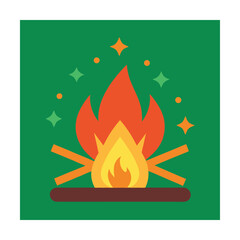 Colorful campfire illustration with glowing flames and decorative stars on a green background