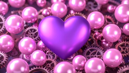 Surreal Purple Heart Amidst Glowing Pink Spheres