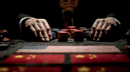 Intense poker game between American and Chinese influences in dimly lit setting with poker chips and flags
