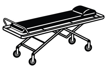 Isometric View of a Medical Stretcher or Gurney with Wheels in Black and White Silhouette