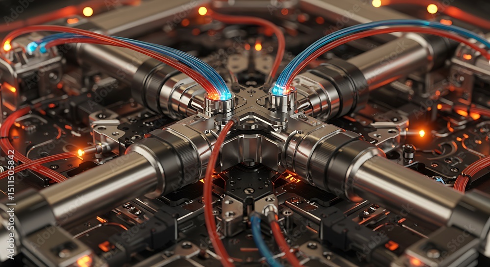 Poster complex network of illuminated pipes and wires representing data transmission technology