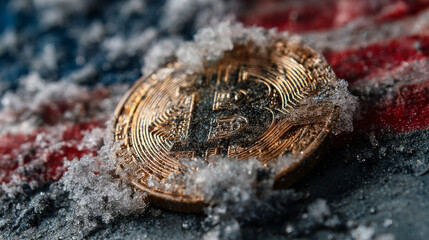 Bitcoin cryptocurrency coin covered in frost on American flag background during winter season in a creative visual display