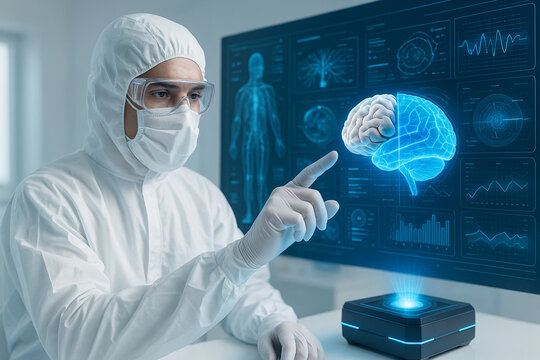 AI generated scientist in sterile suit interacts with a half real half holographic brain in a clean high tech lab full of medical data and glowing digital interfaces