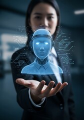 Businesswoman presenting a futuristic ai hologram symbolizing artificial intelligence and technological progress