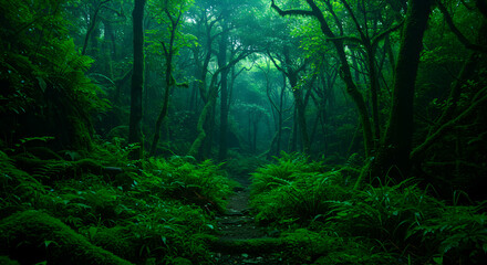 Obraz premium Enchanted Green Forest Path In A Mysterious Deep Lush Jungle