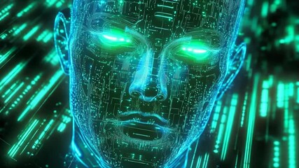 Futuristic Artificial Intelligence Head with Glowing Eyes and Circuitry Details - Powered by Adobe