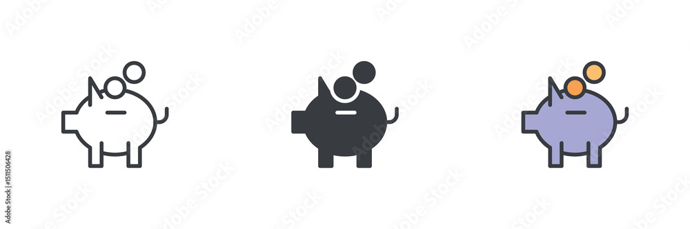 Aufkleber piggy bank with coins different style icon set