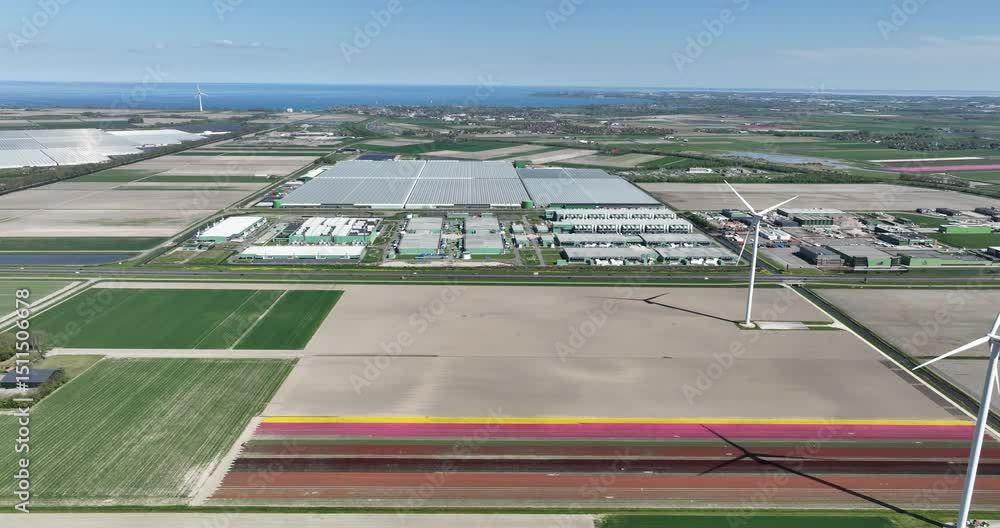 Poster large scale data center, bits and bytes, server space, cloud services, building exterior. aerial vie