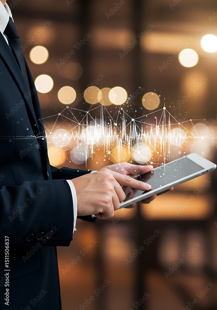 Poster businessman using tablet technology with digital data visualization overlay in modern office