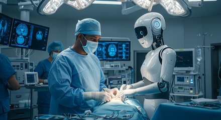 Surgical operation performed by a surgeon with assistance from a robotic assistant in a modern operating room