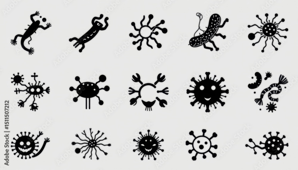 Poster a collection of various virus icons, representing different shapes and structures. the set includes 
