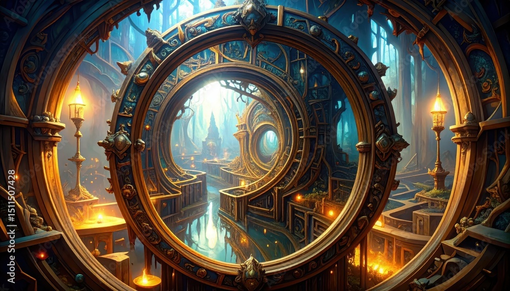 Poster distorted reflections in a cursed mirror maze with unsettling atmosphere