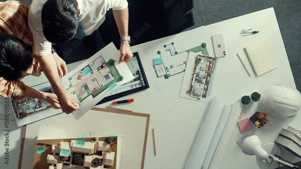 Poster top view of business man working together to design house. aerial view of architect engineer looking