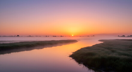 Fototapeta premium Idyllic Sunrise Over Calm Water Reflecting Soft Orange Sky