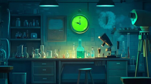Mysterious vintage science laboratory illuminated with glowing beakers and equipment