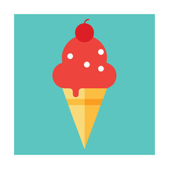 Delicious ice cream cone with cherry on top against a turquoise background simple illustration