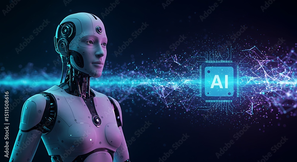 Aufkleber futuristic artificial intelligence concept depicting a female robot with connected data flow