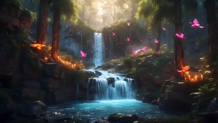 Obraz premium A glowing forest waterfall with robotic birds, Cinematic theme, HDR, Vibrant