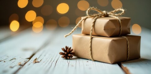 Rustic Christmas gifts; brown paper, twine, white wood, bokeh lights , joyful, natural, simple