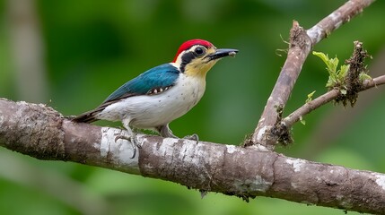Fototapeta premium Colorful Woodpecker Sitting on Branch in Natural Green Environment
