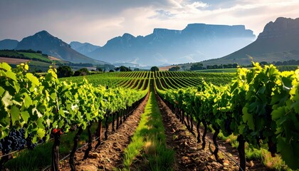 Obraz premium Lush Vineyard Landscape with Mountains and Dramatic Sky in South Africa
