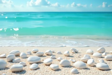 Serene white pebbles line sandy beach, tranquil ocean backdrop, waves, sunlight, mindfulness