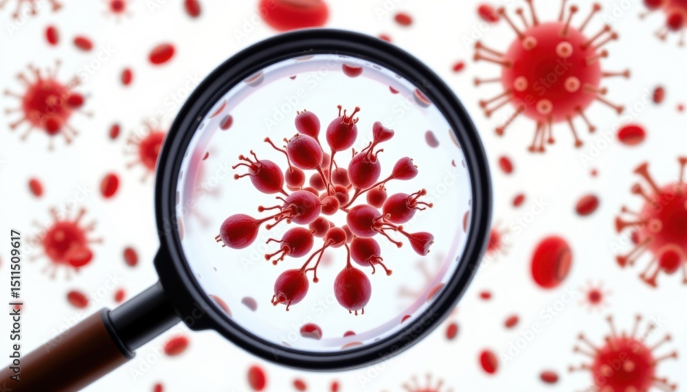 Poster magnifying lens examining virus cells. this conceptual image represents the microscopic view of a vi