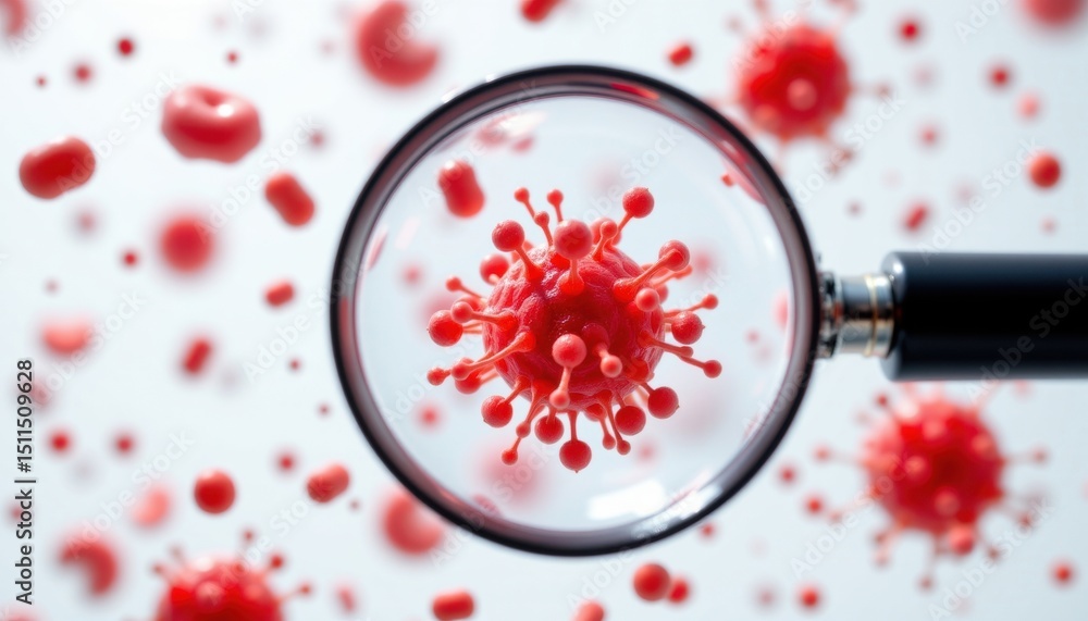 Poster conceptual image of a virus particle under magnifying glass