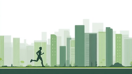 Man running under the city skyline, silhouette illustration