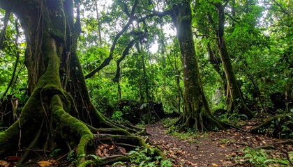 Naklejka premium Lush Ugandan Rainforest with Mystical Tribal Curses and Natural Horror