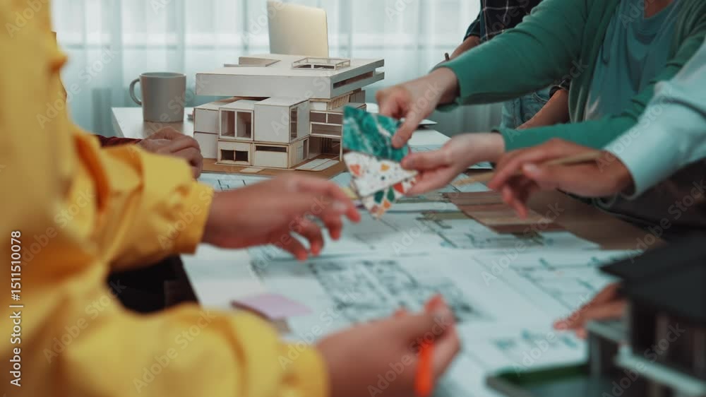 Poster a diverse team of architects and designers actively discussing building designs and strategies, surr