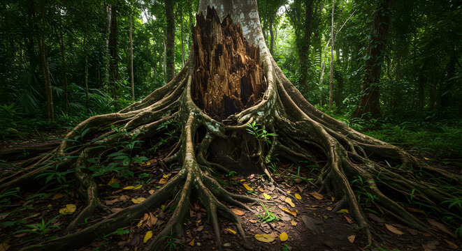 Majestic Old Growth Tree Roots System in Lush Jungle Environment