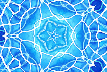 Blue watercolor mandala pattern with star design and intricate geometric shapes